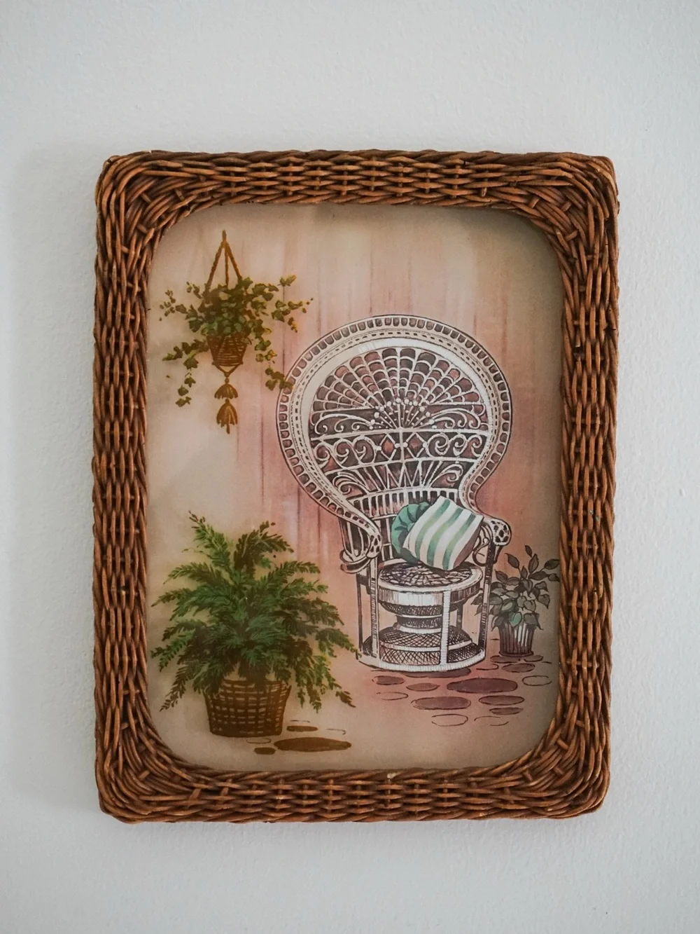Vintage 70s Reverse Painted Peacock Chair Print • Boho Frame